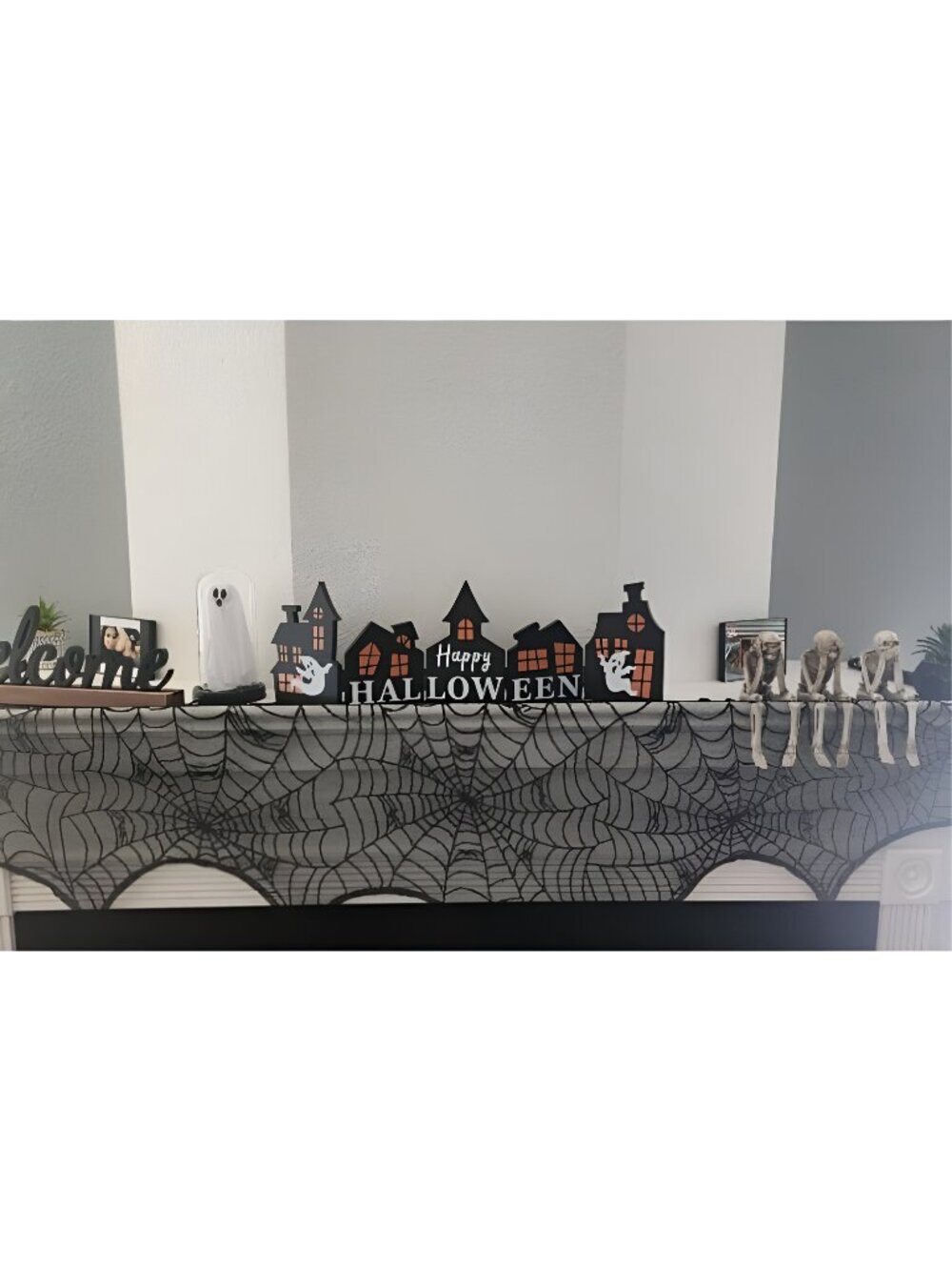 Halloween Cobweb Fireplace Scarf, Black Lace Spiderweb Mantle Scarf